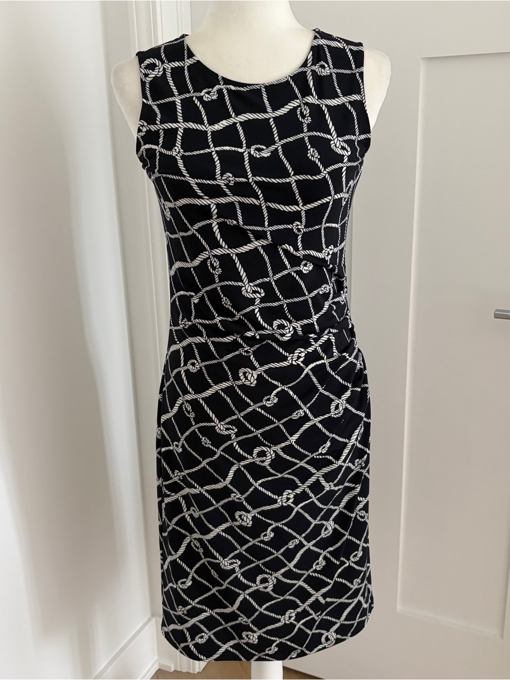 Brooks Brothers Navy Blue White Rope Knot Print Ruched Sheath Dress Sz S*52